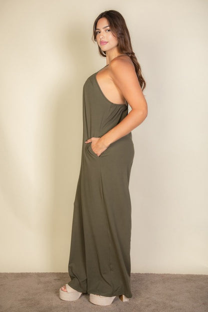 Plus Size Spaghetti strap solid wide jumpsuit