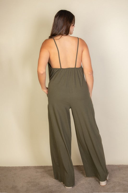 Plus Size Spaghetti strap solid wide jumpsuit