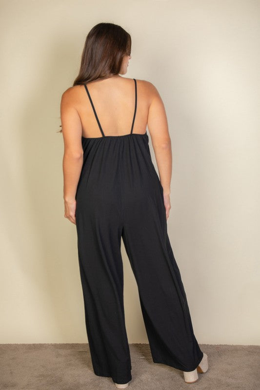 Plus Size Spaghetti strap solid wide jumpsuit