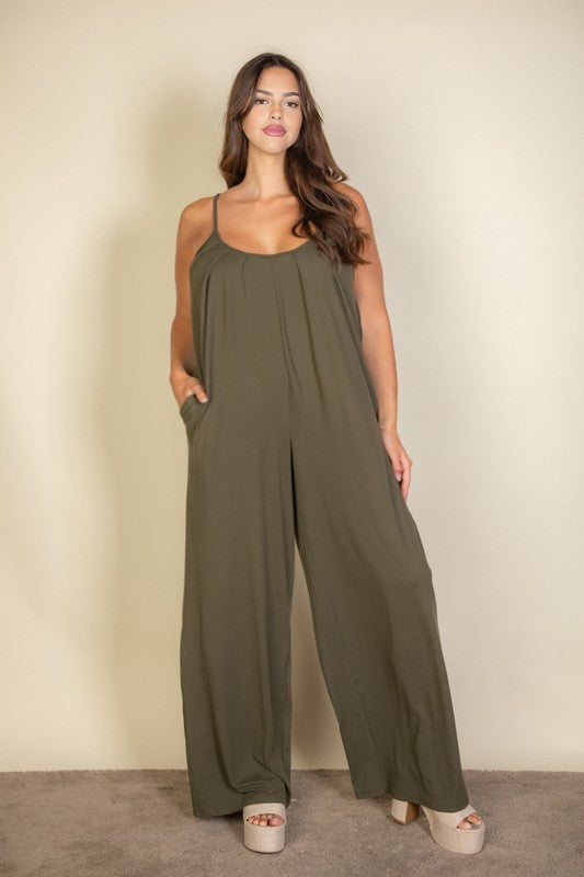 Plus Size Spaghetti strap solid wide jumpsuit