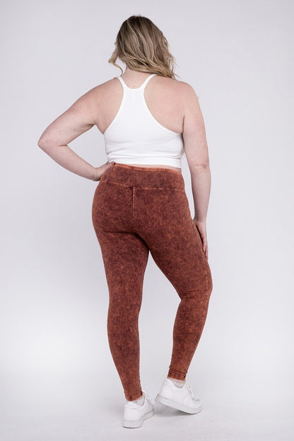 Hi Curvy Plus Size Women Mineral Washed Wide Waistband Yoga Leggings