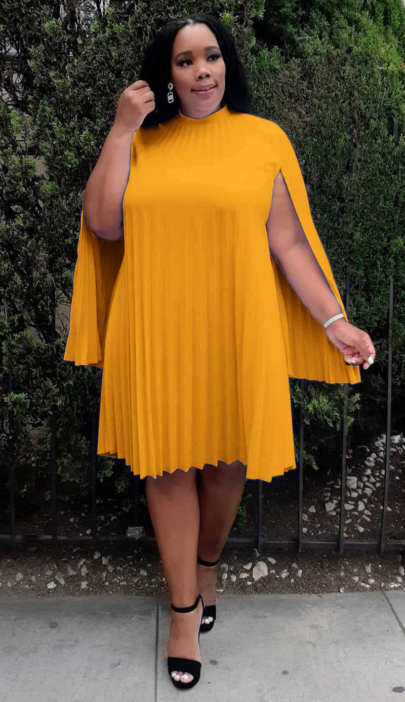 HI Curvy Plus Size Mock Neck Cape Sleeve  Keyhole Back Pleated Knee Dress