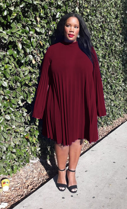 HI Curvy Plus Size Mock Neck Cape Sleeve  Keyhole Back Pleated Knee Dress