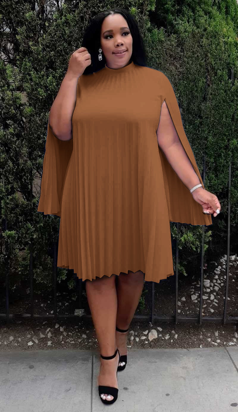 HI Curvy Plus Size Mock Neck Cape Sleeve  Keyhole Back Pleated Knee Dress