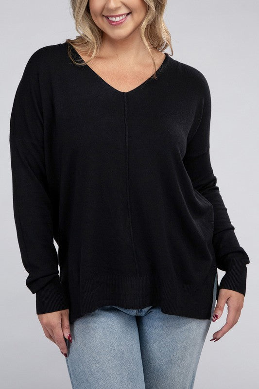 Hi Curvy Plus Size Women Garment Dyed Front Seam Sweater