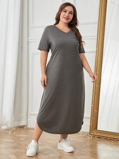 Hi Curvy Plus Size Women Pocketed V-Neck Short Sleeve Lounge Dress