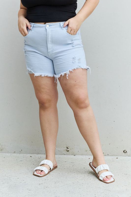 Full Size High Waisted Distressed Shorts in Ice Blue