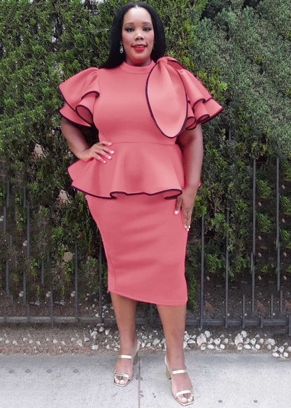 Hi Curvy Plus Size Women Ruffle Hem Peplum Blouse and Skirt Set