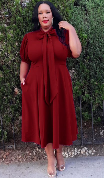 Plus Size Women Bow Collar Fit & Flare Midi Dress