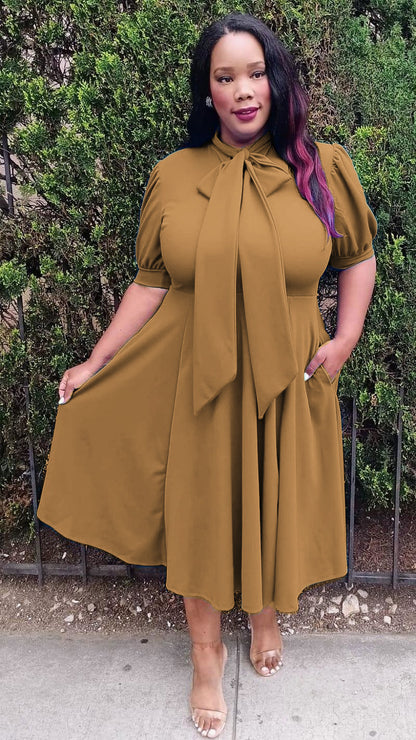 Plus Size Women Bow Collar Fit & Flare Midi Dress