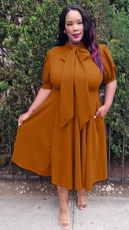 Plus Size Women Bow Collar Fit & Flare Midi Dress