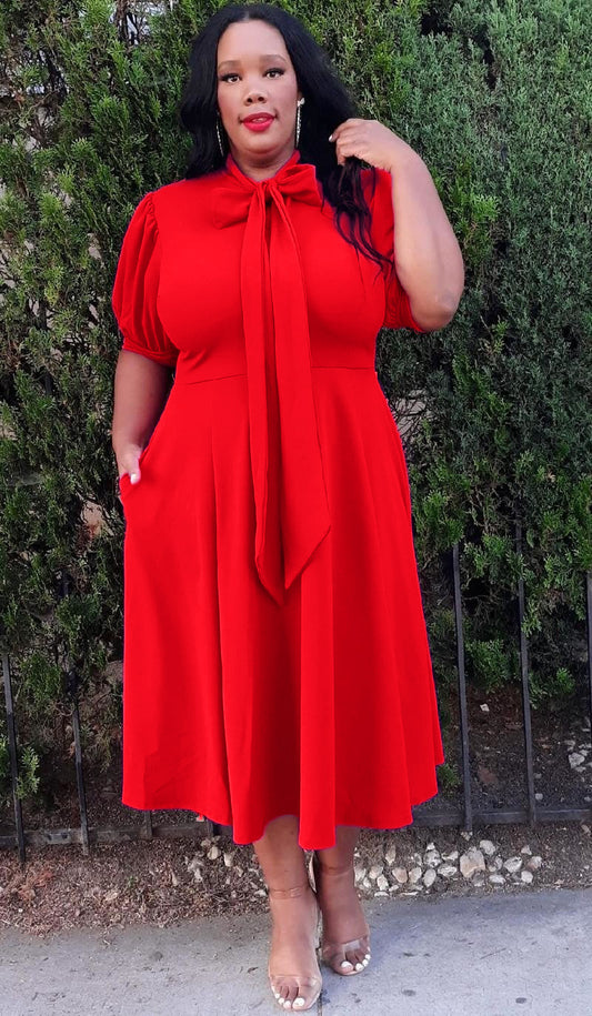 Plus Size Women Bow Collar Fit & Flare Midi Dress