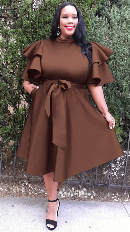 Plus Size Extravagant Fit and Flare Midi Dress With Belt