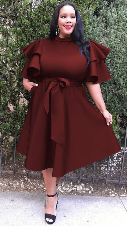 Plus Size Extravagant Fit and Flare Midi Dress With Belt