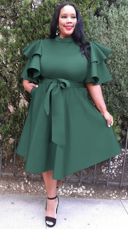 Plus Size Extravagant Fit and Flare Midi Dress With Belt