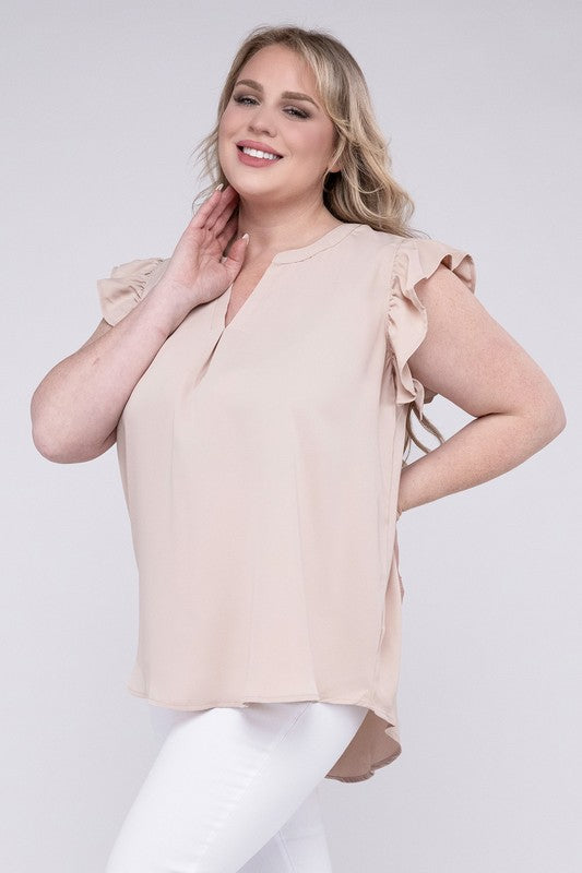 HI Curvy Plus Size Woven Wool Peach Ruffled Sleeve High-Low Top