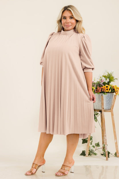 Plus Size Bishop Sleeves Pleated Knee Dress with Bow Tie Back