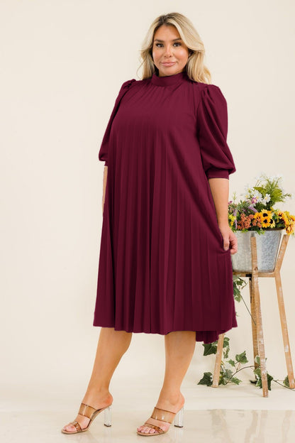 Plus Size Bishop Sleeves Pleated Knee Dress with Bow Tie Back