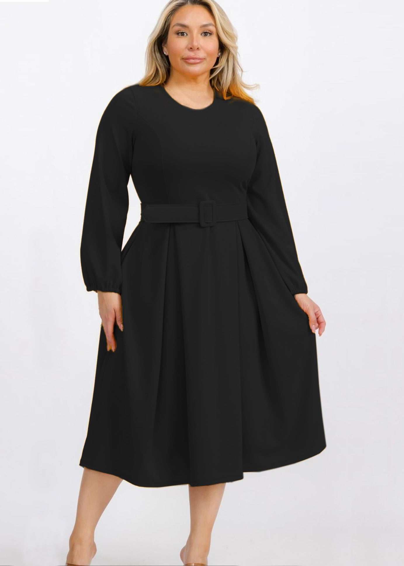 Plus Size Bishop Sleeves Sleeves Midi Dress with Belt