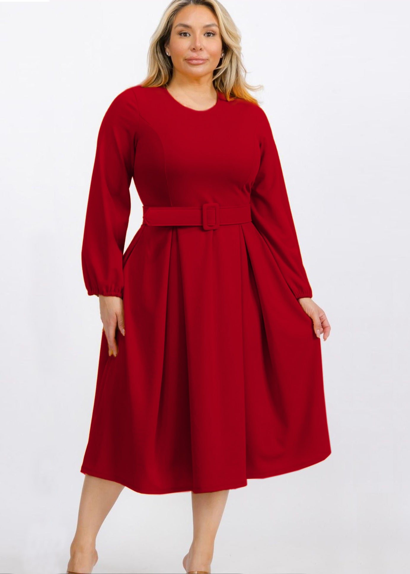 Plus Size Bishop Sleeves Sleeves Midi Dress with Belt