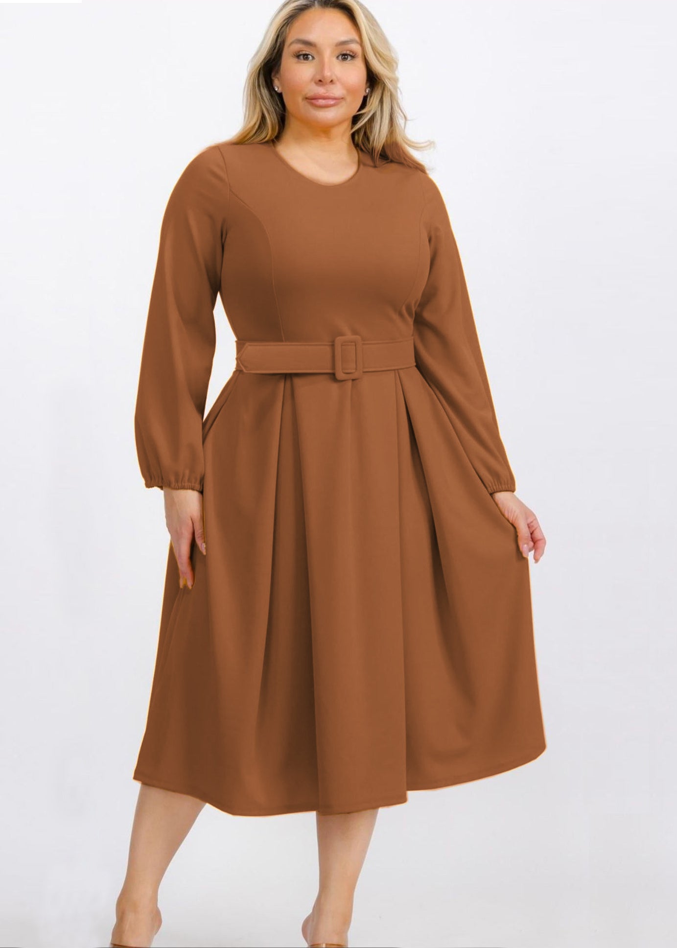 Plus Size Bishop Sleeves Sleeves Midi Dress with Belt