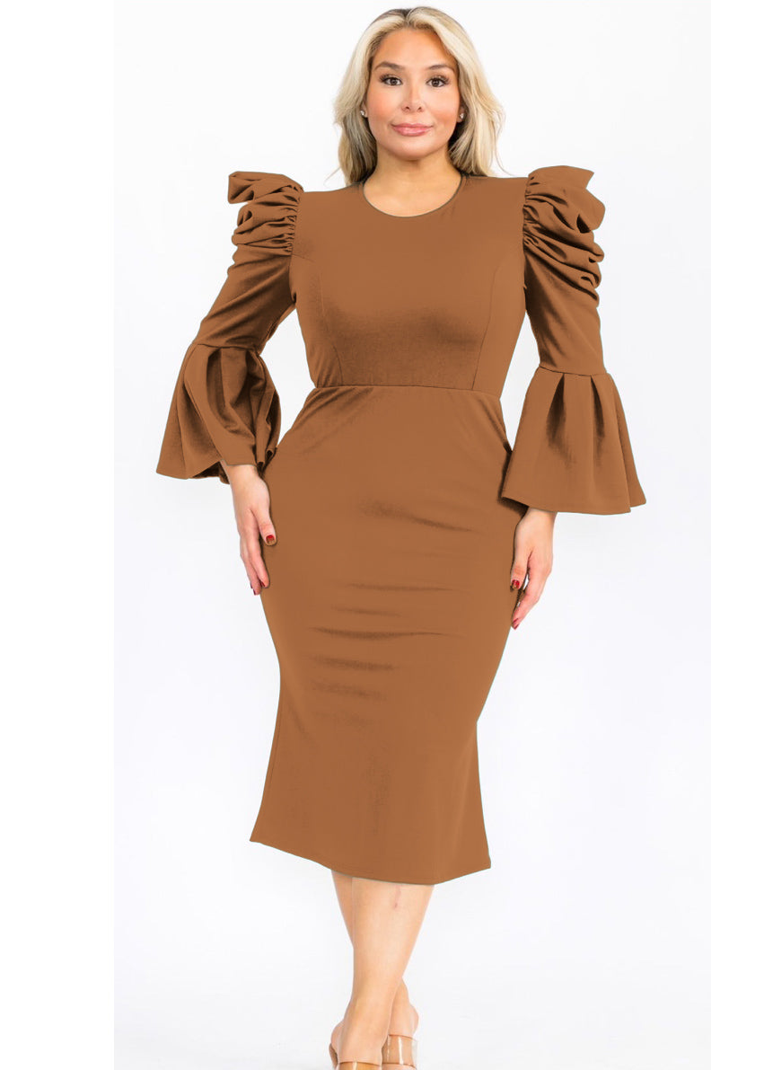 Plus Size Puffy Long Bell Sleeves Fit and Relax Midi Dress