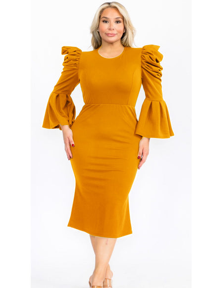 Plus Size Puffy Long Bell Sleeves Fit and Relax Midi Dress