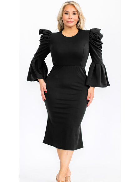 Plus Size Puffy Long Bell Sleeves Fit and Relax Midi Dress