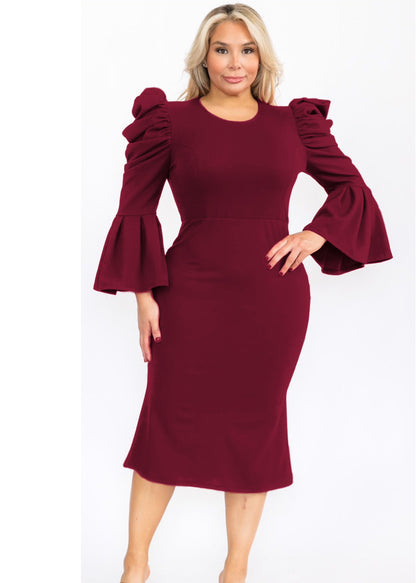 Plus Size Puffy Long Bell Sleeves Fit and Relax Midi Dress