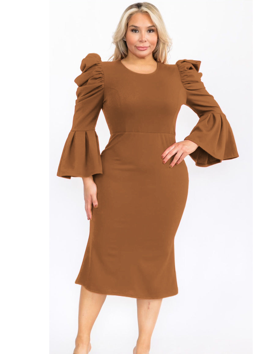 Plus Size Puffy Long Bell Sleeves Fit and Relax Midi Dress