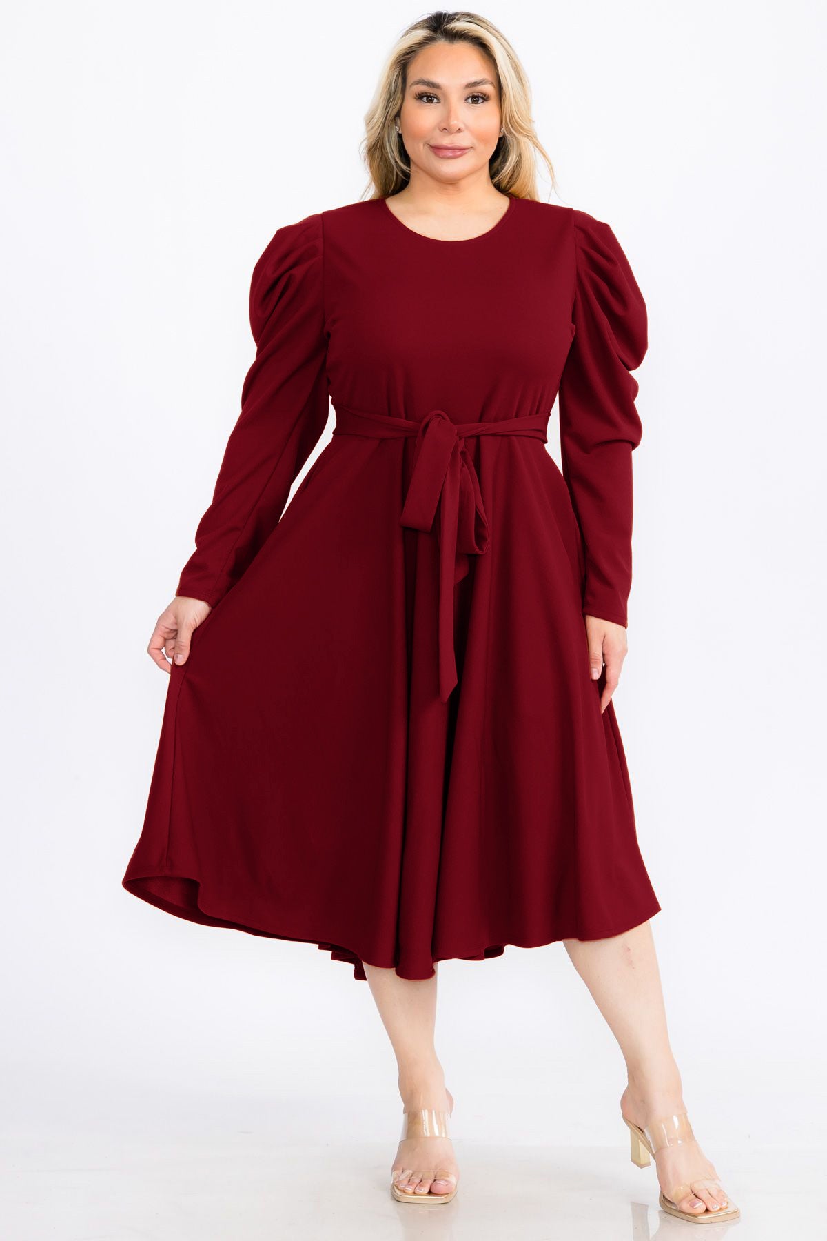 Plus Size Solid Smocked Cuff Raglan Sleeves Flare Midi Plated Dress With Belt