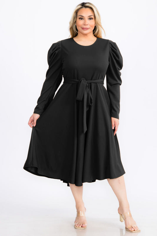 Plus Size Solid Smocked Cuff Raglan Sleeves Flare Midi Plated Dress With Belt