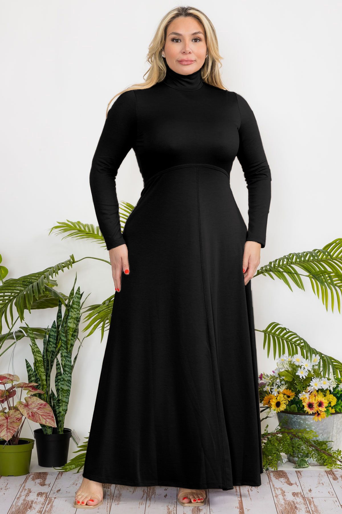 Plus Size Mock Neck Flare Maxi Dress with Zipper Back and French Terry Fabric