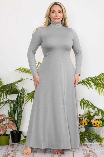 Plus Size Mock Neck Flare Maxi Dress with Zipper Back and French Terry Fabric