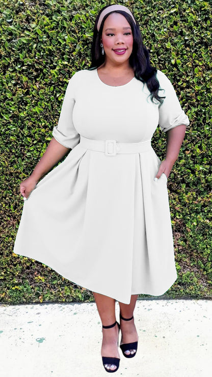 Plus Size 3/4 Bishop Sleeves Flare Midi Dress with Belt Zipper Back