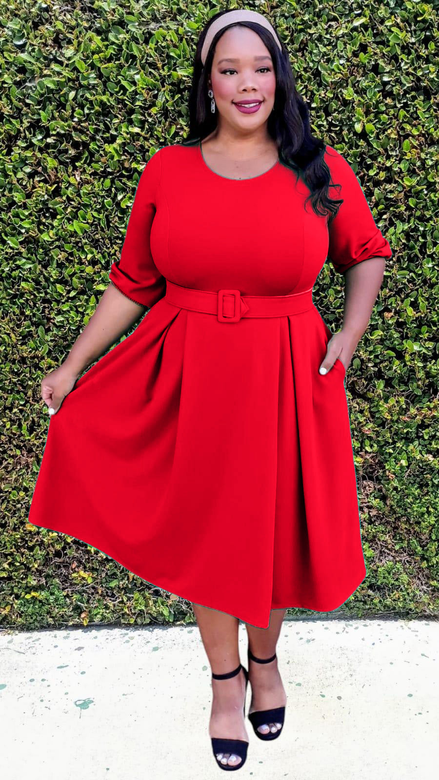 Plus Size 3/4 Bishop Sleeves Flare Midi Dress with Belt Zipper Back