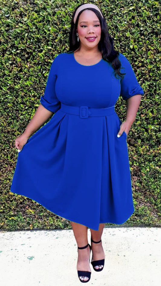 Plus Size 3/4 Bishop Sleeves Flare Midi Dress with Belt Zipper Back