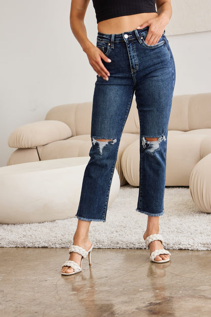 Full Size Tummy Control Distressed High Waist Raw Hem Jeans