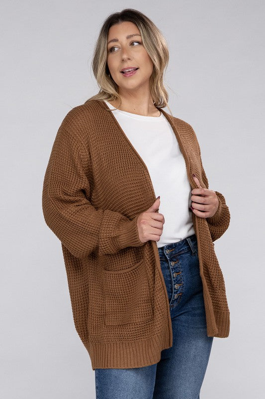 HI Curvy Plus Size Women Low Gauge Waffle Open Cardigan Sweater