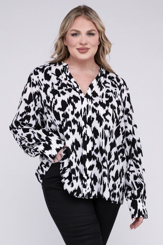 HI Curvy Plus Size Women Leopard Notched Neckline Blouse