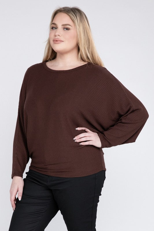 Hi Curvy Plus Size Women Ribbed Batwing Long Sleeve Boat Neck Sweater