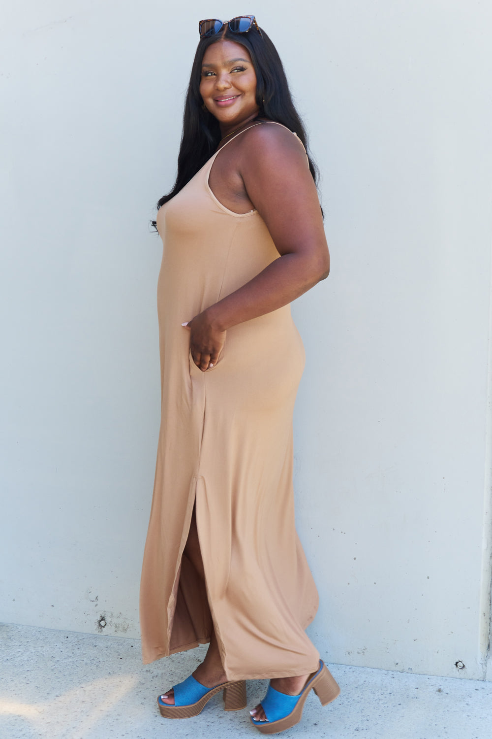 Plus Size Cami Side Slit Maxi Dress in Camel