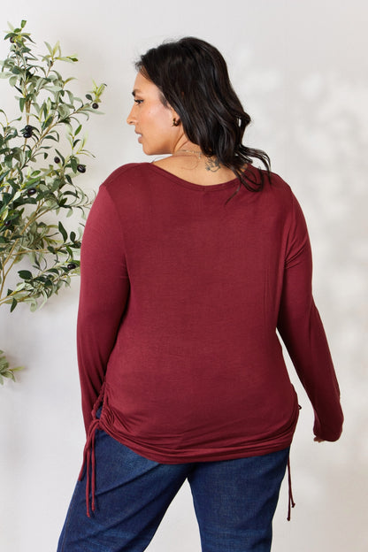 Full Size Drawstring Round Neck Long Sleeve Top