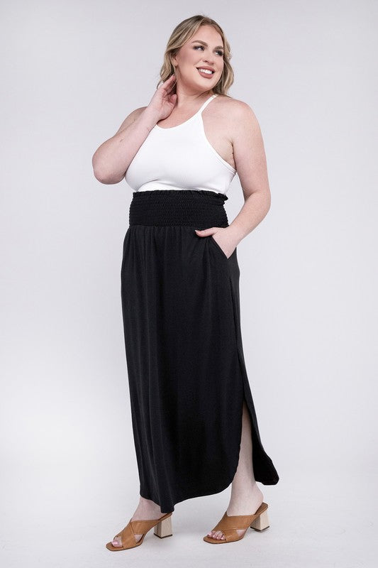 Hi Curvy Plus Size Women Smocked Waist Side Slit Maxi Skirt w/ Pockets