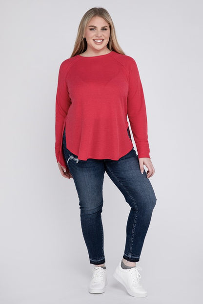 Plus Size Melange Baby Waffle Long Sleeve Top