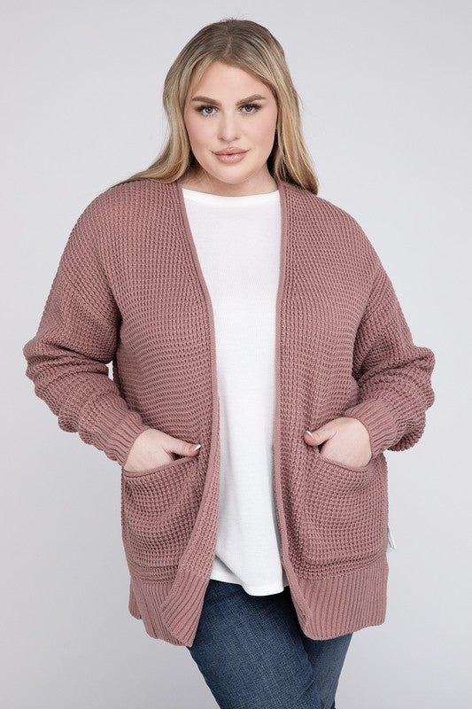 Hi Curvy Plus Size Women Low Gauge Waffle Open Cardigan Sweater