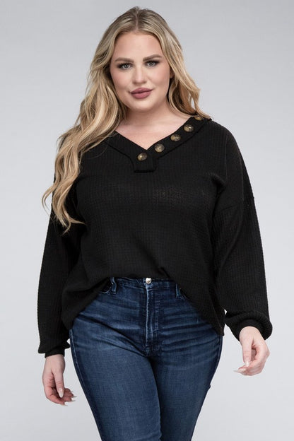 Hi Curvy Plus Size Women Brushed Waffle V-Neck Button Detail Sweater