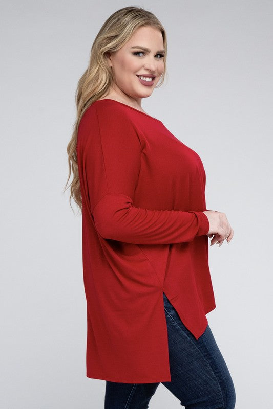 Hi Curvy Plus Size Women Dolman Sleeve V-Neck Side Slit Hi-Low Hem Top