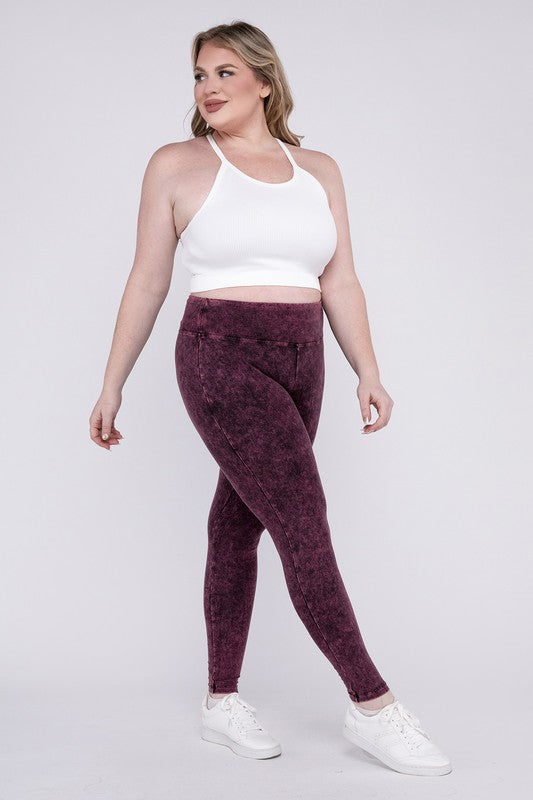 Hi Curvy Plus Size Women Mineral Washed Wide Waistband Yoga Leggings