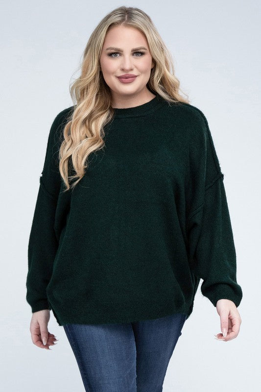 HI Curvy Plus Size Women Oversized Round Neck Raw Seam Melange Sweater